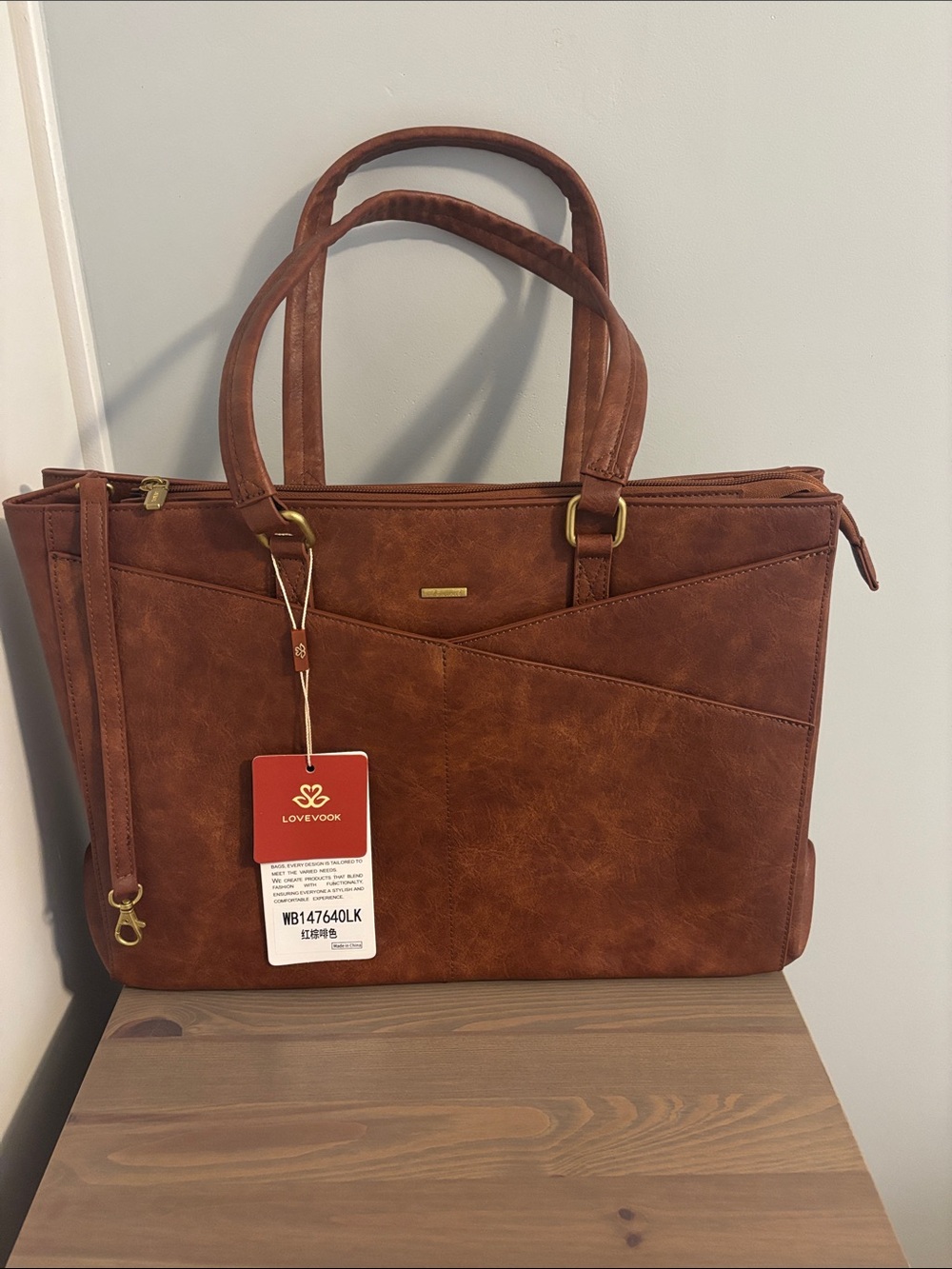 NWT Lovevook Women's Leather-Feel Tote in Chestnut Brown